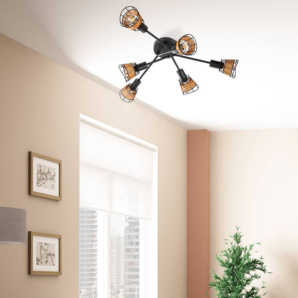 Deckenleuchte Rattan Deckenlampe 6 Flammig Deckenlampe Wohnzimmer, Industriell Metall schwarz braun, 6x E14 Fassungen, DxH 9x60cm
