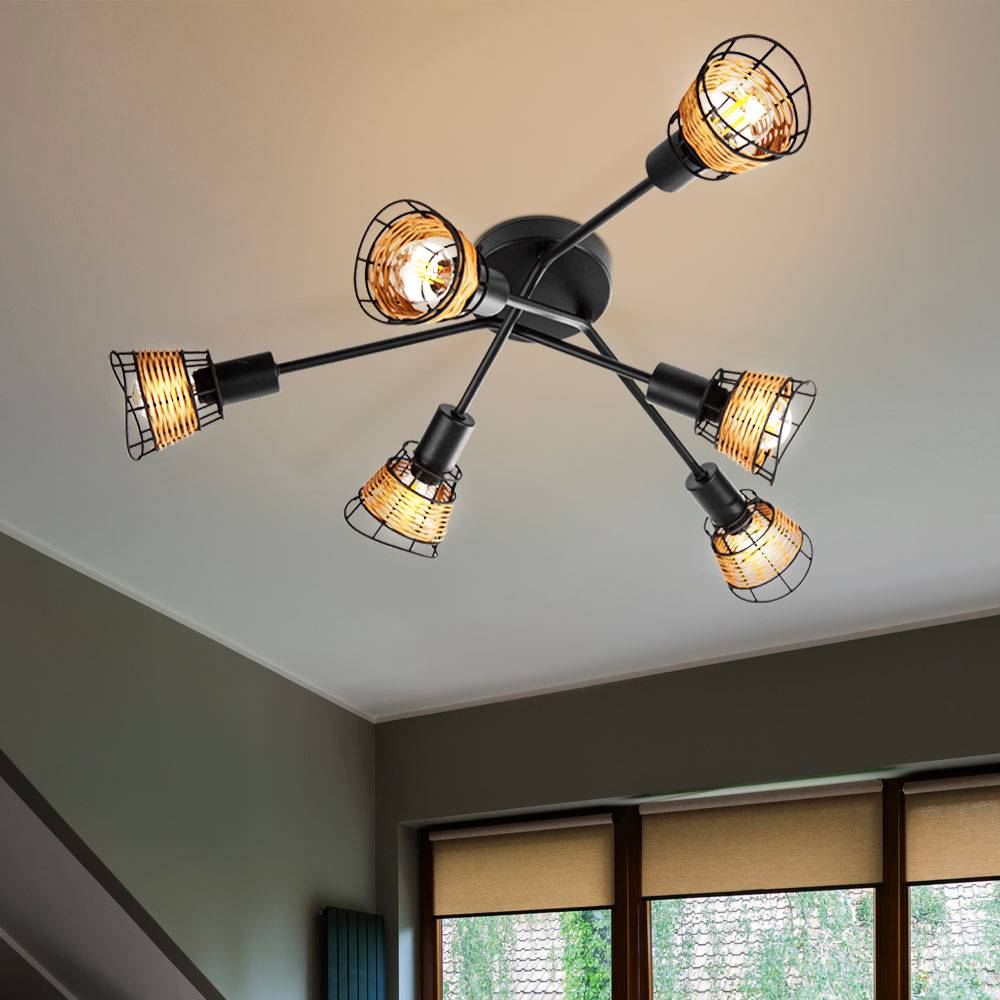 Deckenleuchte Rattan Deckenlampe 6 Flammig Deckenlampe Wohnzimmer, Industriell Metall schwarz braun, 6x E14 Fassungen, DxH 9x60cm