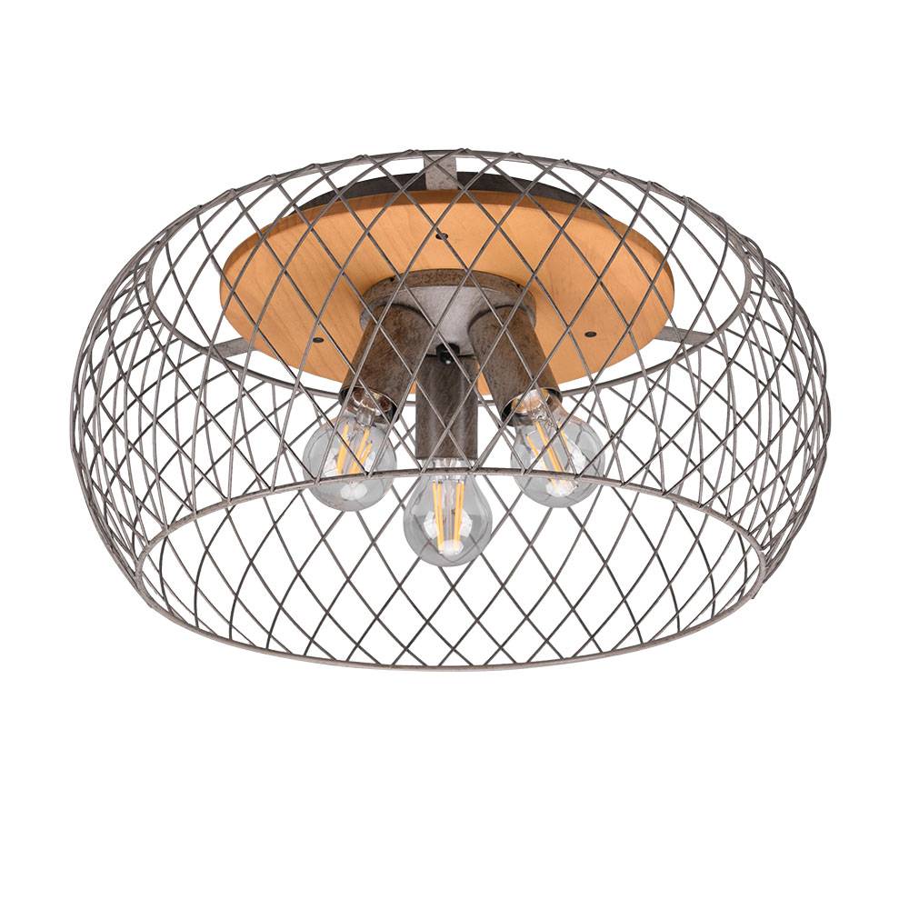 Deckenleuchte Metall Deckenlampe silber Holzlampe rund Esszimmer Käfig Lampe Beleuchtung in Gitterform, Fassung 3x E27, DxH 50x28 cm