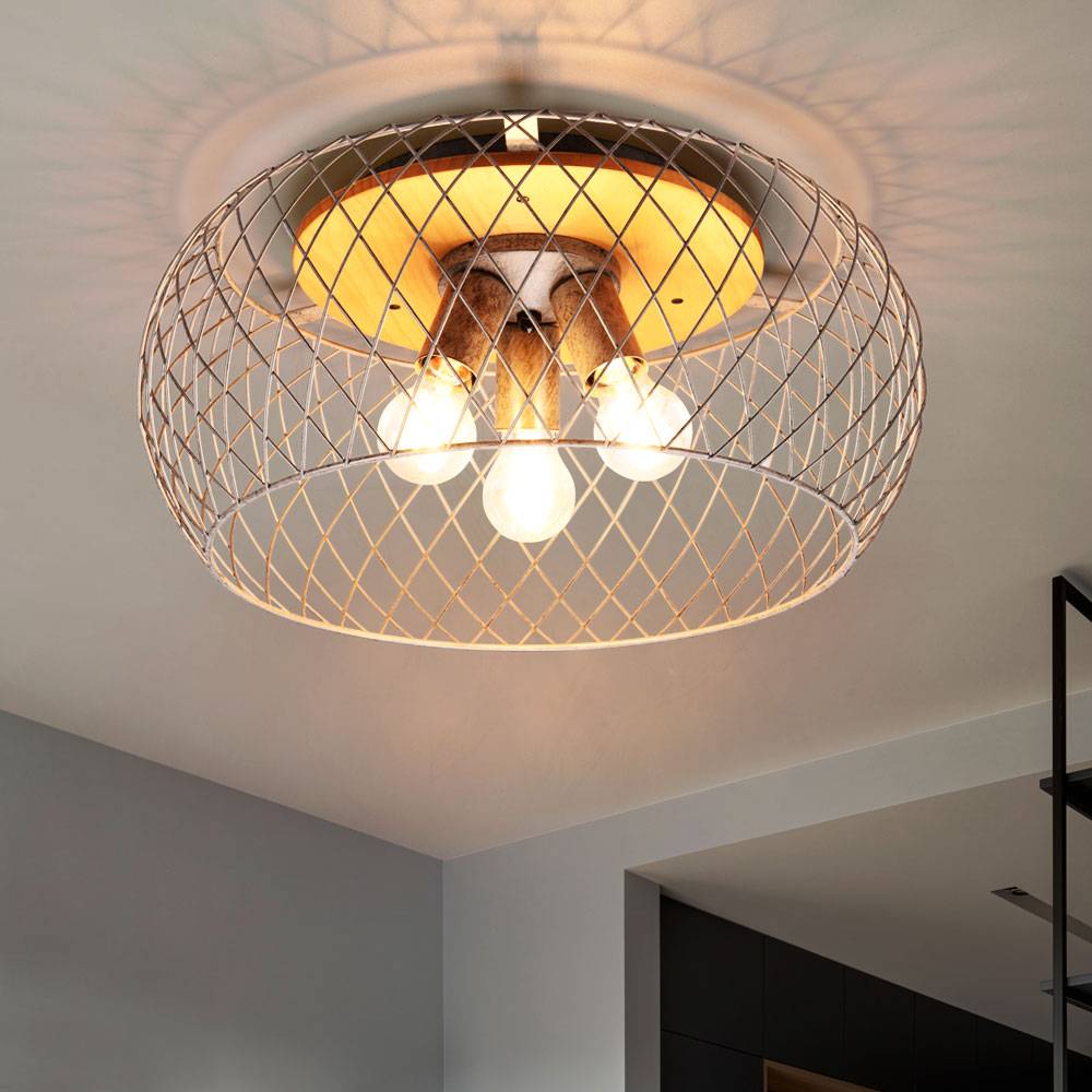 Deckenleuchte Metall Deckenlampe silber Holzlampe rund Esszimmer Käfig Lampe Beleuchtung in Gitterform, Fassung 3x E27, DxH 50x28 cm