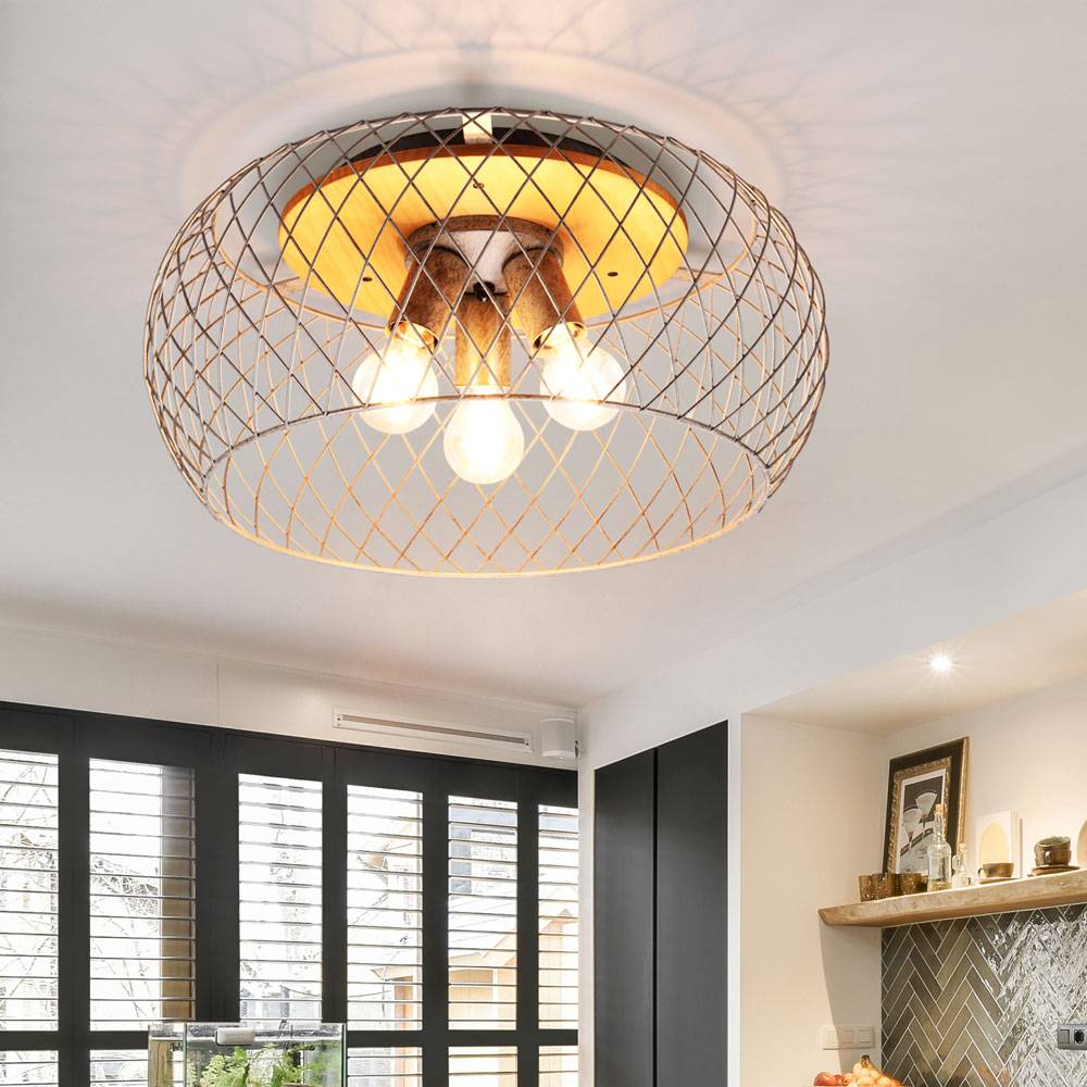 Deckenleuchte Metall Deckenlampe silber Holzlampe rund Esszimmer Käfig Lampe Beleuchtung in Gitterform, Fassung 3x E27, DxH 50x28 cm
