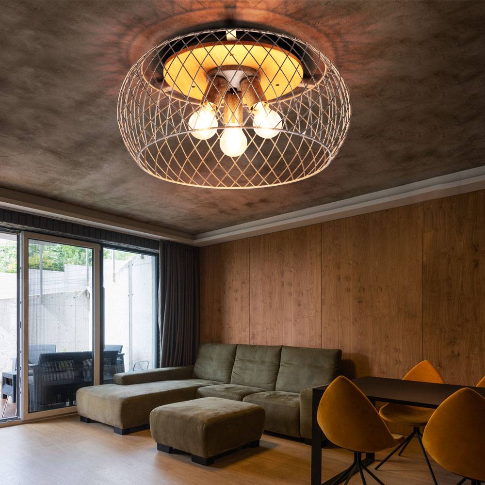 Deckenleuchte Metall Deckenlampe silber Holzlampe rund Esszimmer Käfig Lampe Beleuchtung in Gitterform, Fassung 3x E27, DxH 50x28 cm