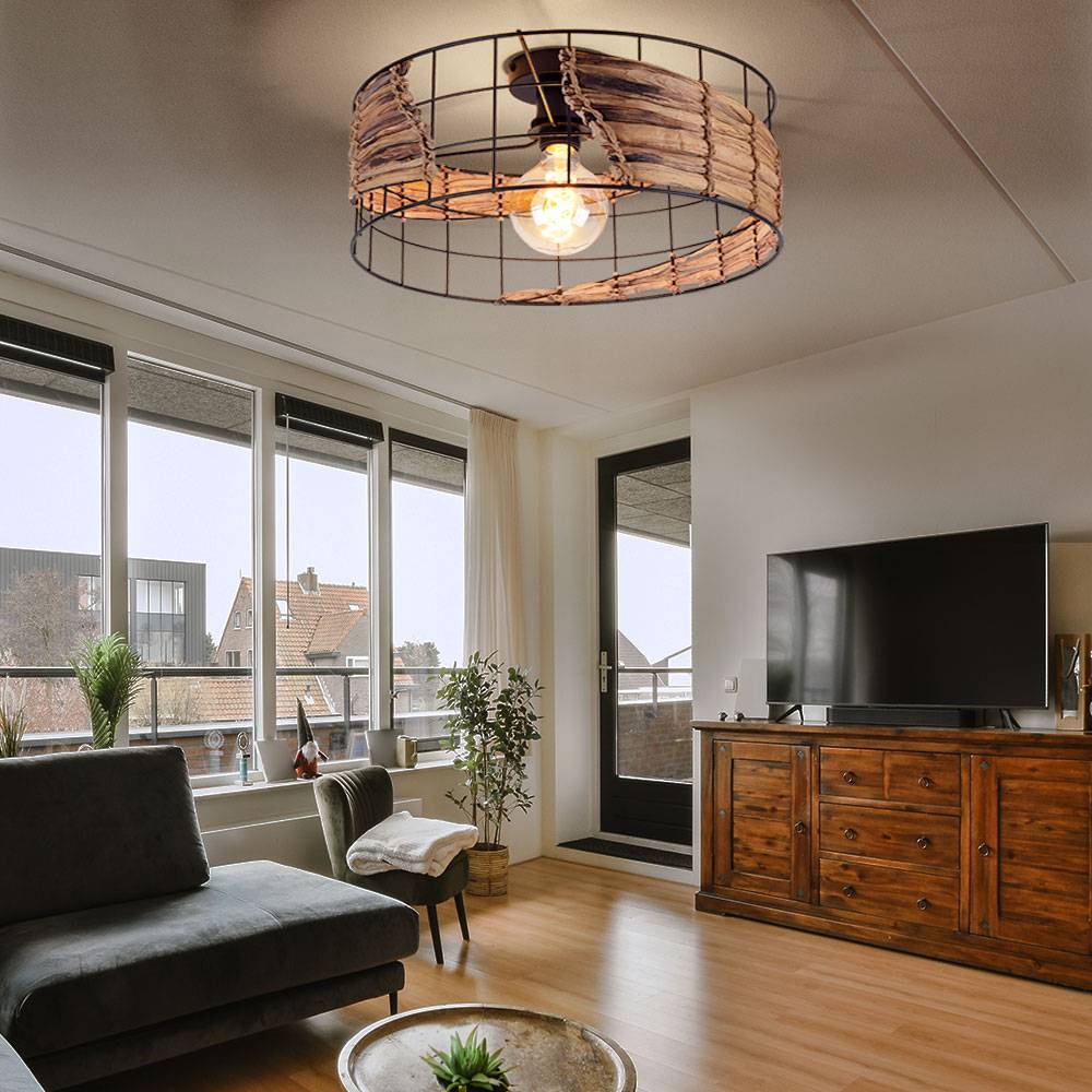 Deckenlampe schwarz Metall rund Deckenleuchte schwarz Küche Wohnzimmerlampe Decke Modern, Grasgeflecht Gitter, E27 Fassung, DxH 40x18 cm