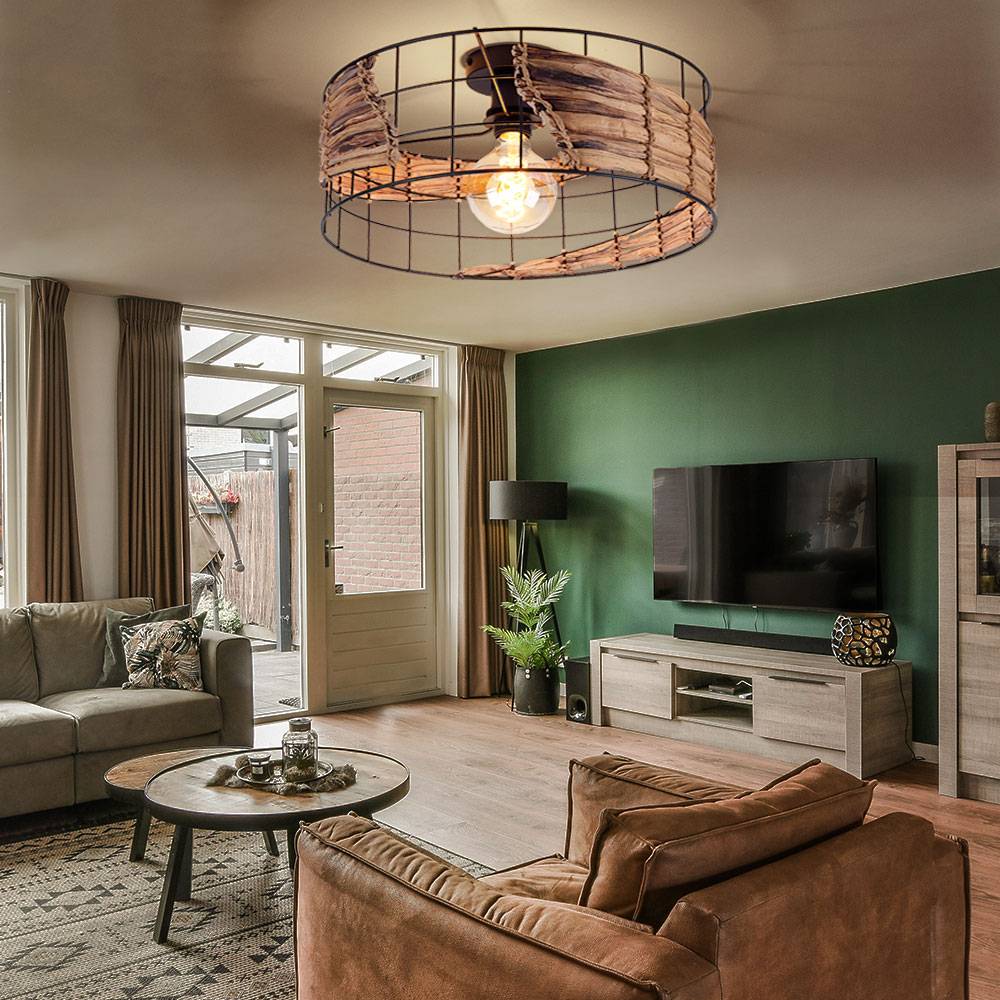 Deckenlampe schwarz Metall rund Deckenleuchte schwarz Küche Wohnzimmerlampe Decke Modern, Grasgeflecht Gitter, E27 Fassung, DxH 40x18 cm