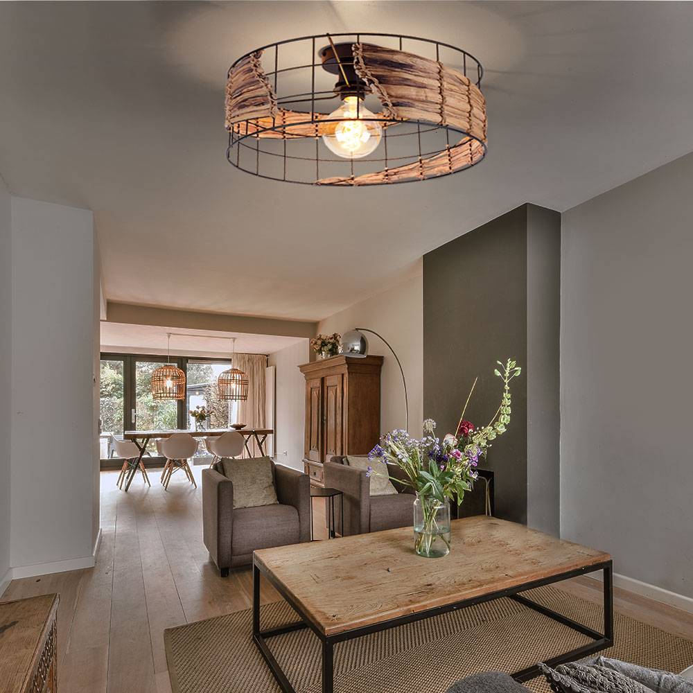 Deckenlampe schwarz Metall rund Deckenleuchte schwarz Küche Wohnzimmerlampe Decke Modern, Grasgeflecht Gitter, E27 Fassung, DxH 40x18 cm