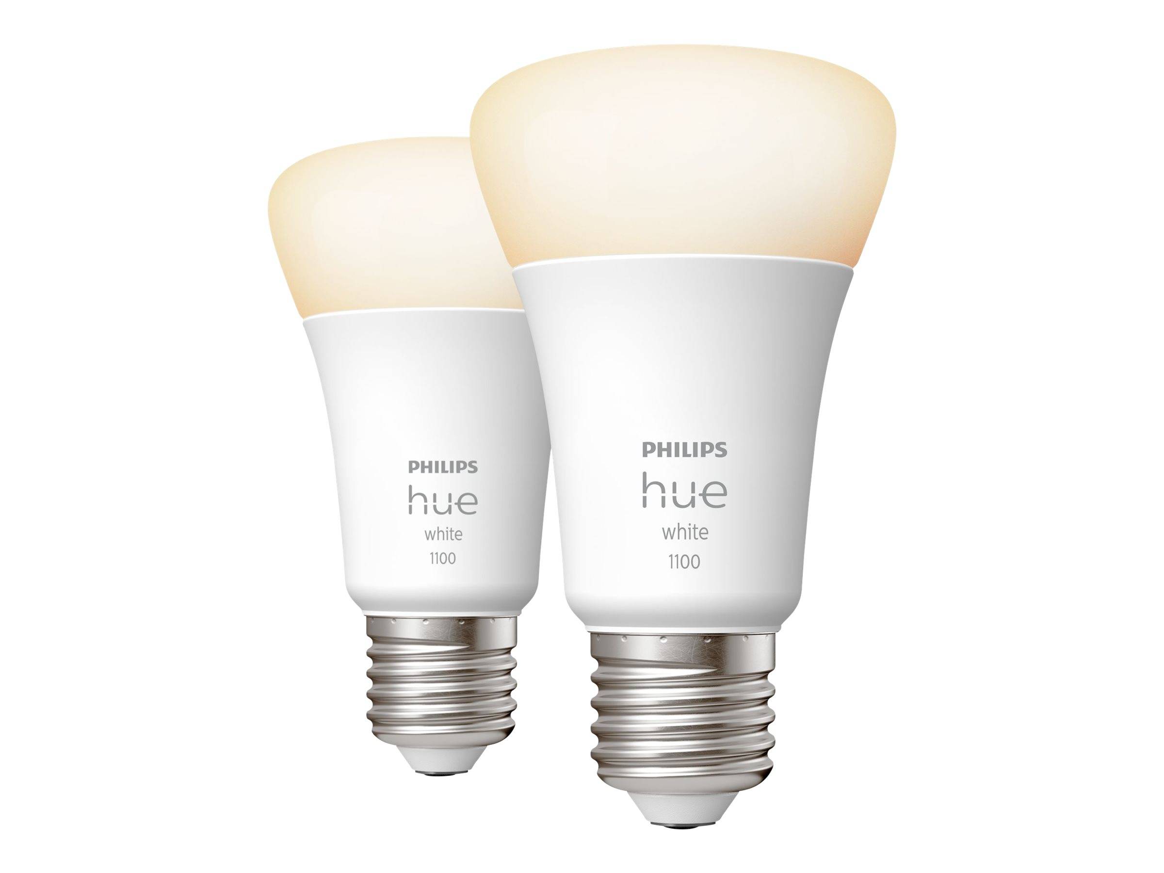 Zwei Philips Hue White Smart-LED-Lampen, eine größere und eine kleinere, nebeneinander auf weißem Hintergrund dargestellt.