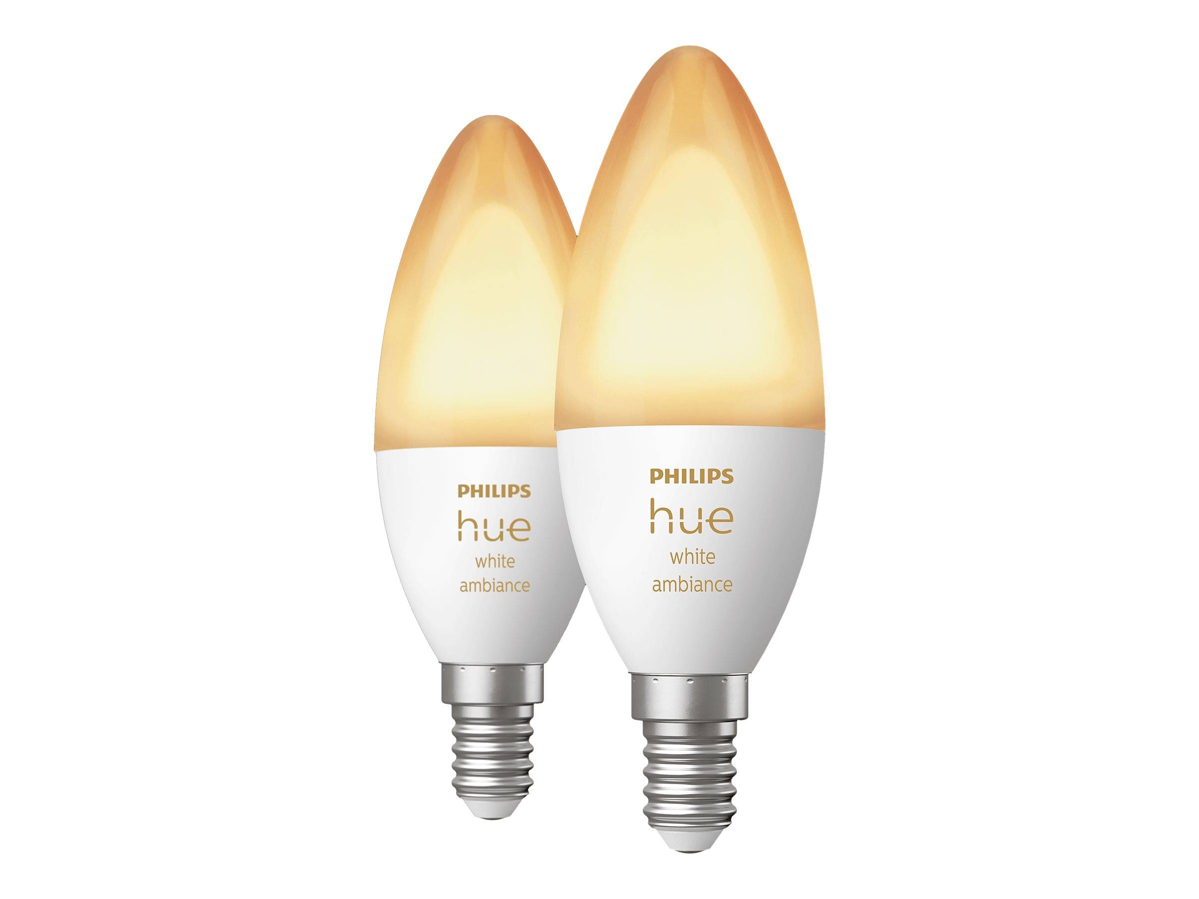 Zwei Philips Hue White Ambiance intelligente LED-Glühbirnen mit kerzenförmigen Spitzen und Schraubgewinden, nebeneinander auf weißem Hintergrund abgebildet.
