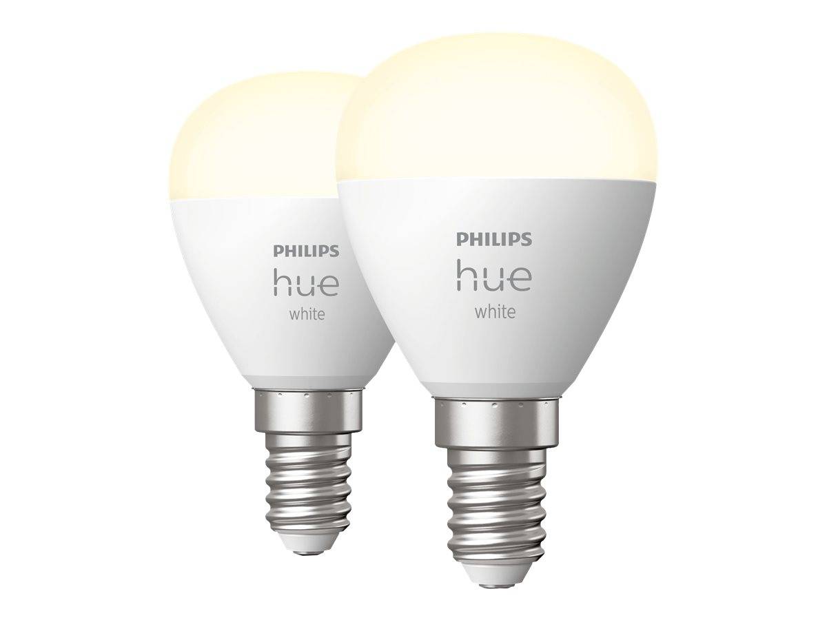 Zwei Philips Hue White Smarte Glühbirnen, nebeneinander auf weißem Hintergrund dargestellt.