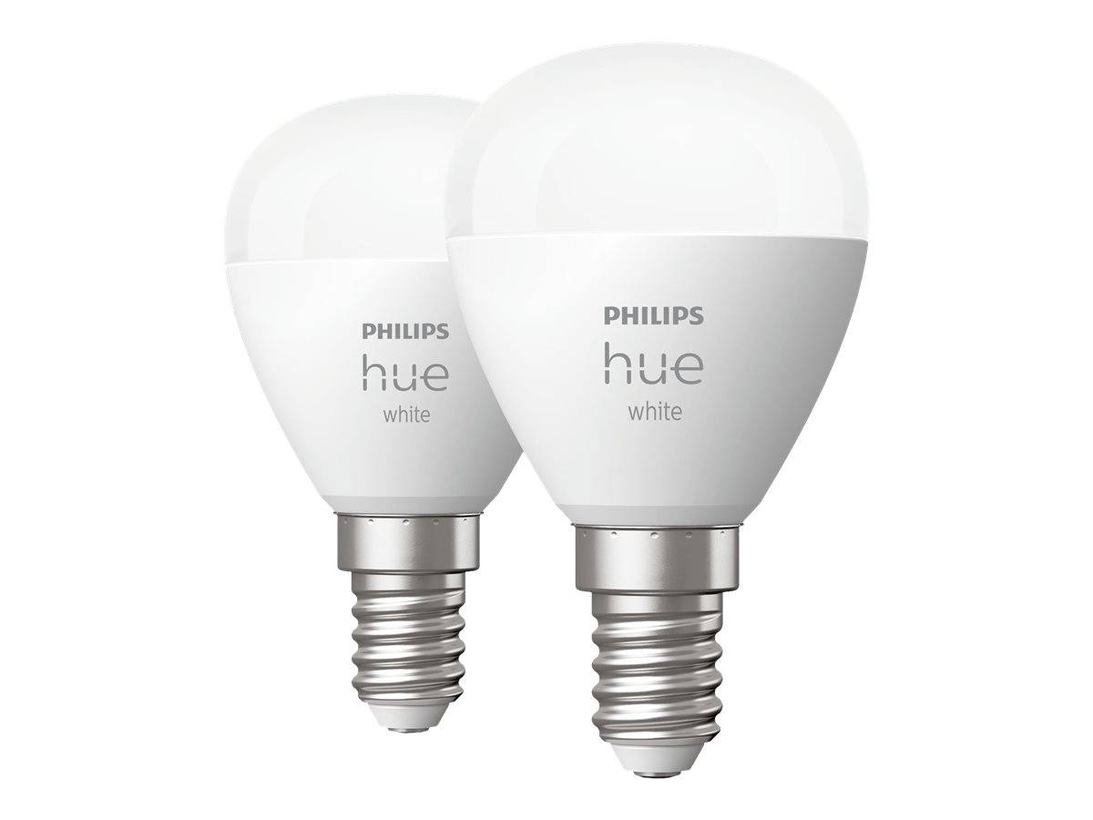 Zwei Philips Hue White LED-Glühbirnen mit Schraubgewinden nebeneinander auf weißem Hintergrund dargestellt.