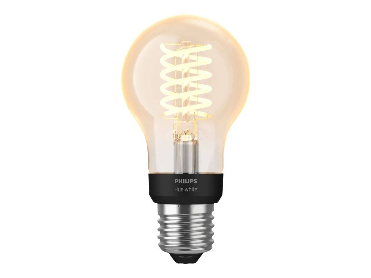 Philips Hue LED-Glühbirne in Weiß mit Edison-Stil-Glühfaden, gezeigt auf weißem Hintergrund.