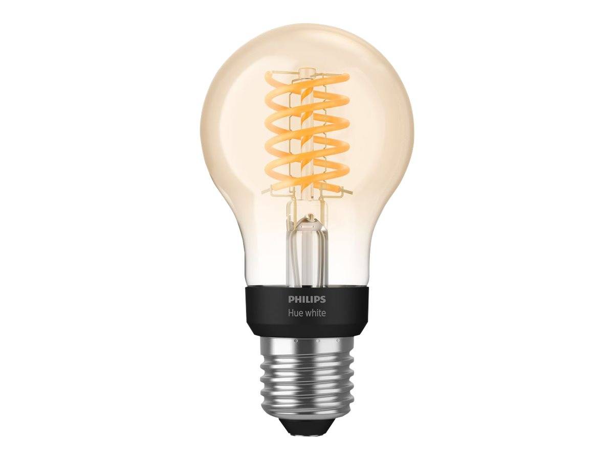 Eine Philips Hue Weiß LED-Glühbirne mit klarem Glas, sichtbarem Glühfaden und Standard-Gewindebasis auf weißem Hintergrund.