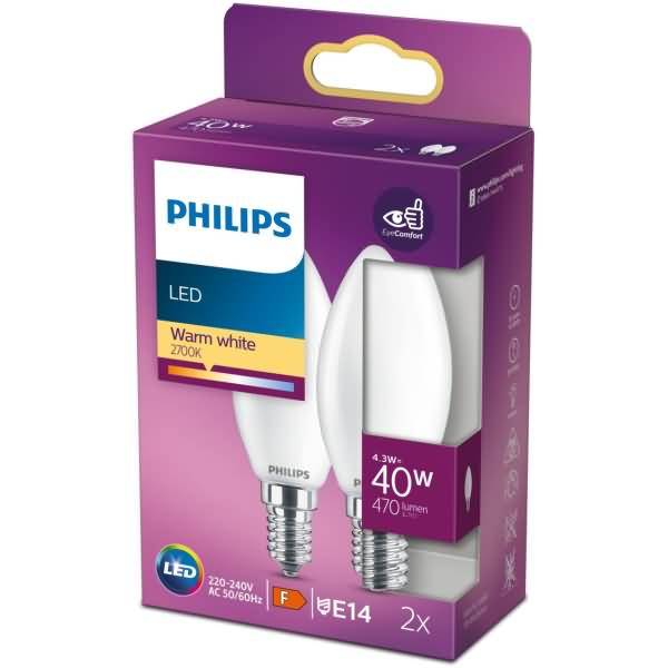 Philips LED classic Lampe 40W E14 Kerze Warmw 470lm matt 2erP