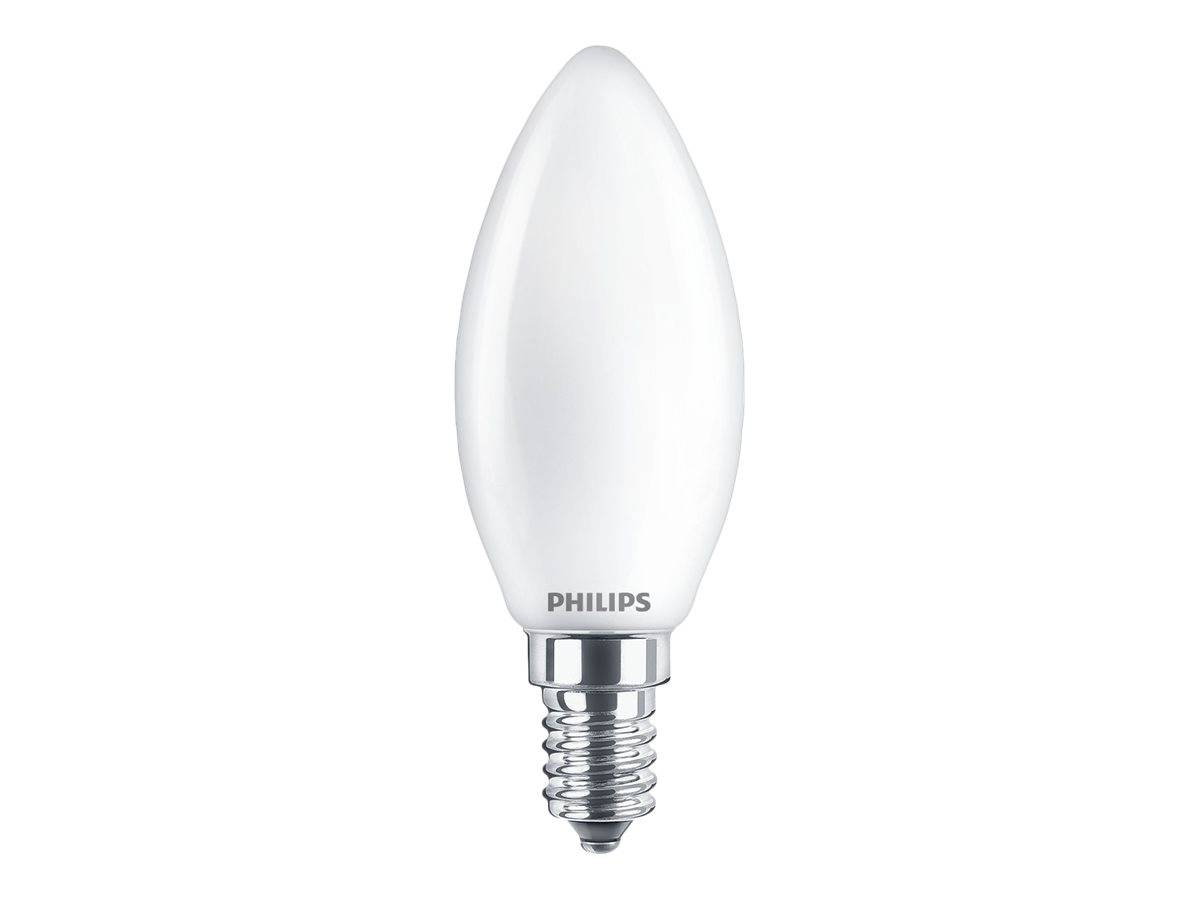 Weiße Philips kerzenförmige LED-Glühbirne mit Schraubsockel auf neutralem Hintergrund.