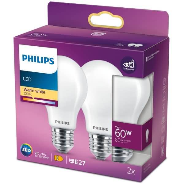 Philips LED classic Lampe 60W E27 Warmweiß 806lm weiß 2er P
