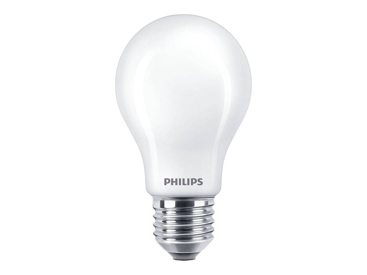 Weiße Philips-Glühbirne mit Metallgewindebasis auf einfachem Hintergrund.