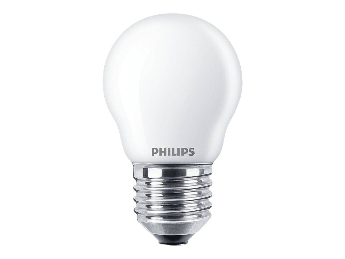 Eine weiße Philips-Glühbirne mit einer silbernen Schraubfassung auf einem einfachen Hintergrund.