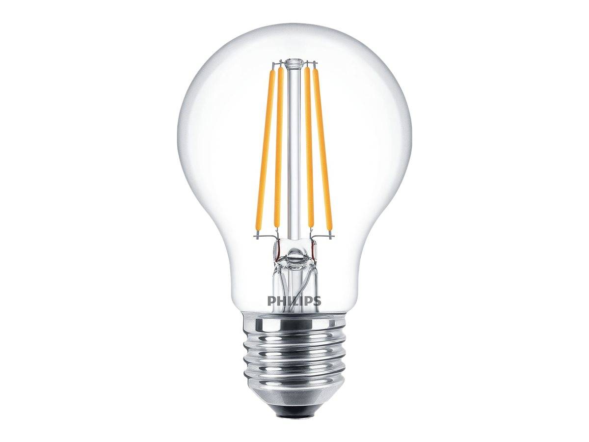 Klare Philips LED-Glühbirne mit sichtbaren filamentartigen Streifen auf weißem Hintergrund.