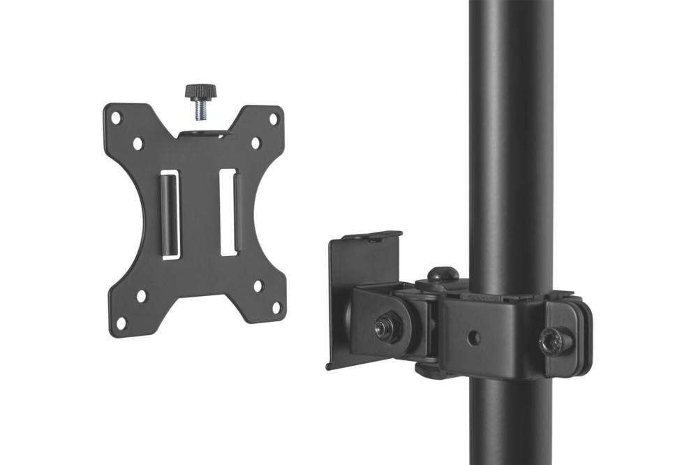 Eine schwarze Metallhalterung für Fernsehgeräte an einer Stange, ausgestattet mit verstellbaren Gelenken und einem Knopf zum Fixieren. Entwickelt zum Halten von Flachbildschirmen.