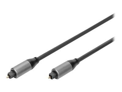 Zwei schwarze optische Audiokabel mit Toslink-Steckern auf weißem Hintergrund.