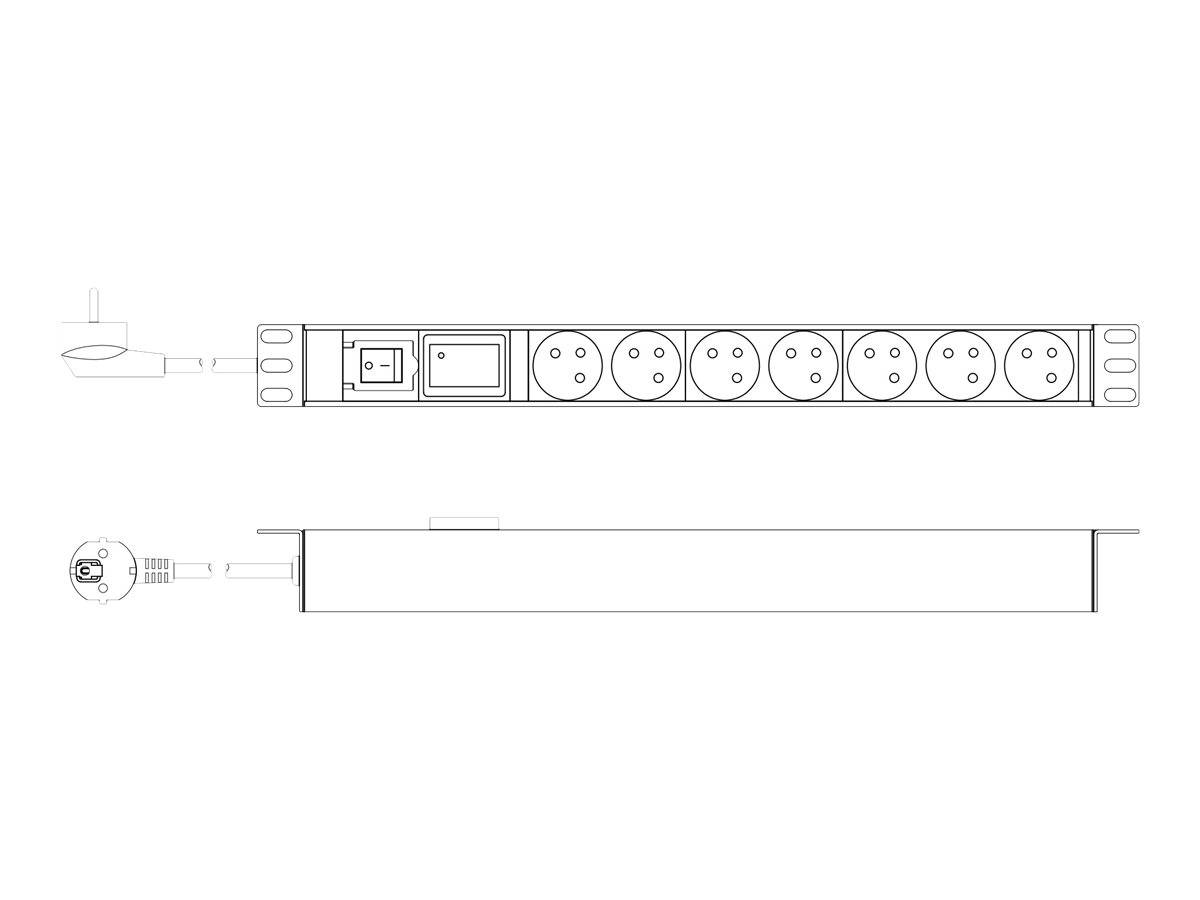 Technisches Diagramm einer Steckdosenleiste mit Drauf- und Seitenansicht, mehreren Steckdosen, einem Schalter und einem angeschlossenen Stecker.