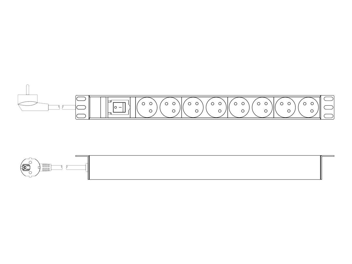 DIGITUS Steckdosenleiste mit Aluminiumprofil und Schalter, 8-fach CEE 7/5, 2 m Zuleitung Schutzkontaktstecker