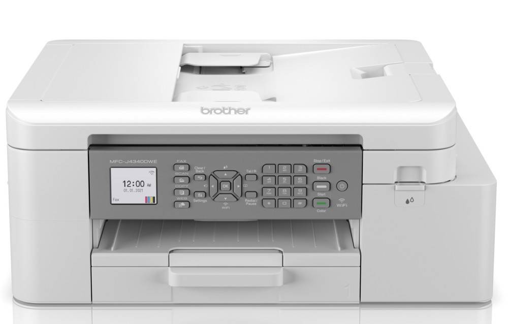 Frontansicht eines Brother Multifunktionsdruckers mit Bedienfeld, kleinem Farbdisplay, Papierfach und Dokumenteneinzug.