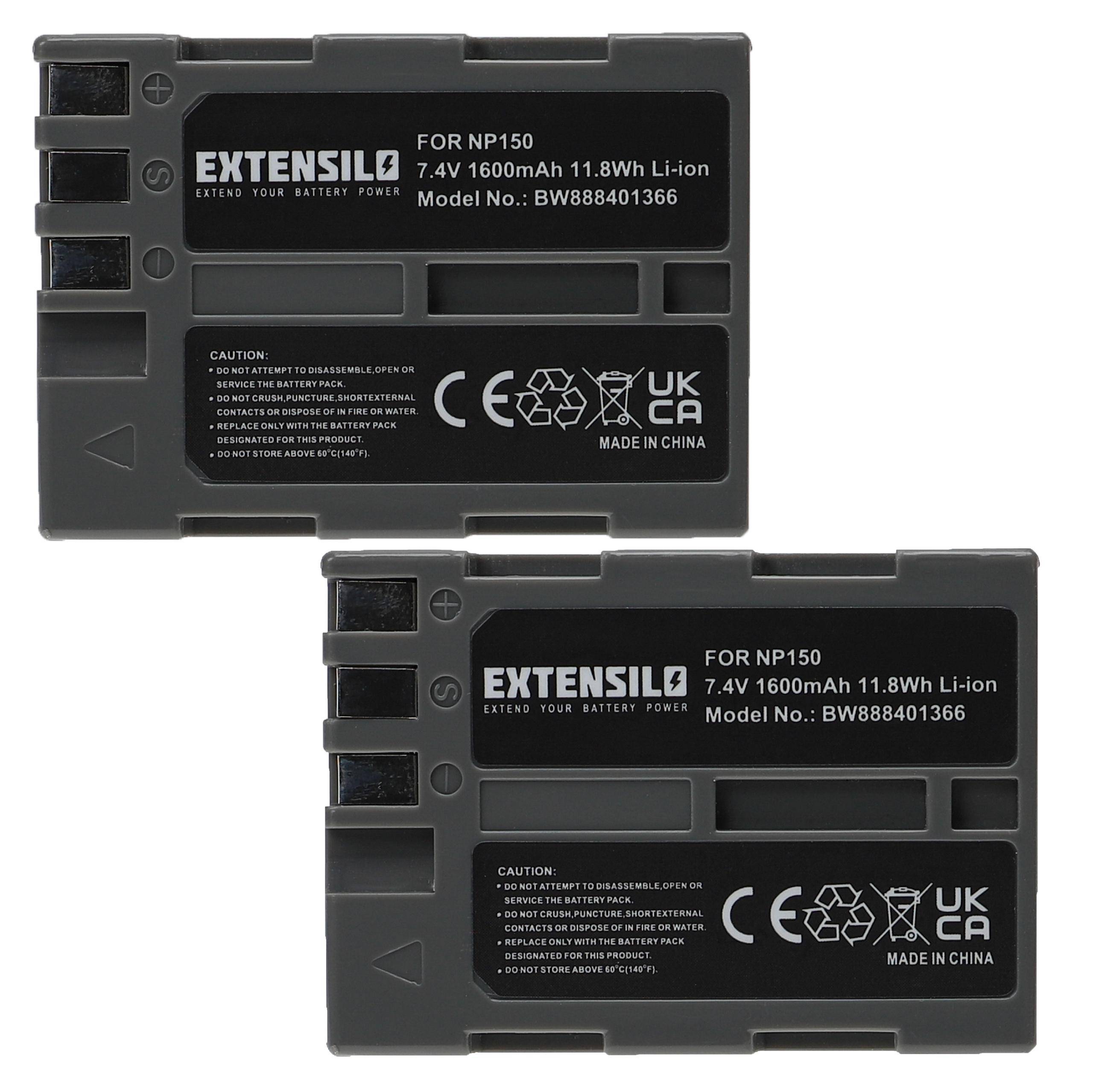 Zwei graue NP150 Extensilo Batterien, 7,4V, 1600mAh, mit Warnaufklebern, Modellnummern BWB88401366, hergestellt in China.