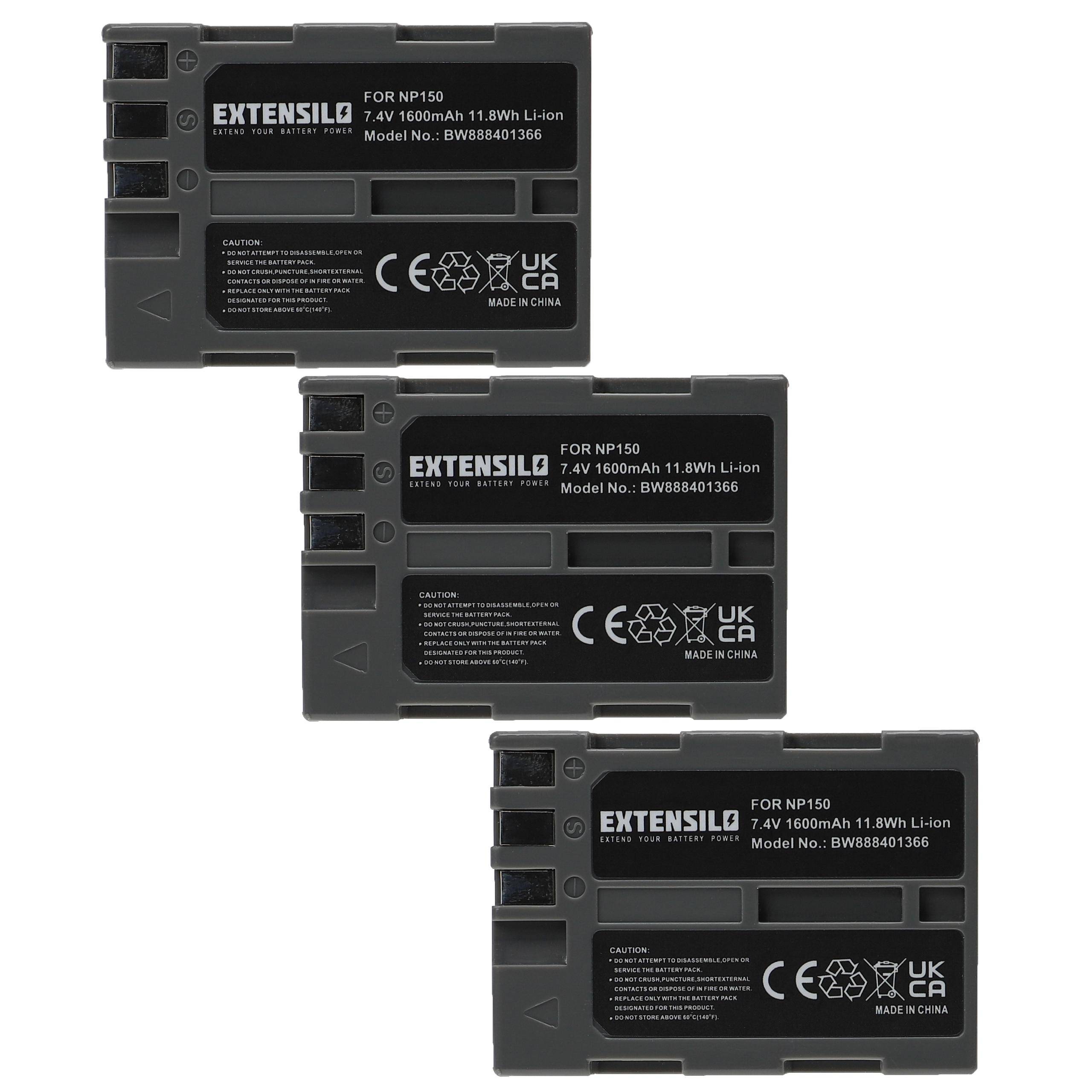 Drei Extensilo-Batterien für NP150, 7,4V, 1600mAh, 11,8Wh. Modellnummer: BWB80401366. CE-, UK CA- und China-Exportzertifizierungen.