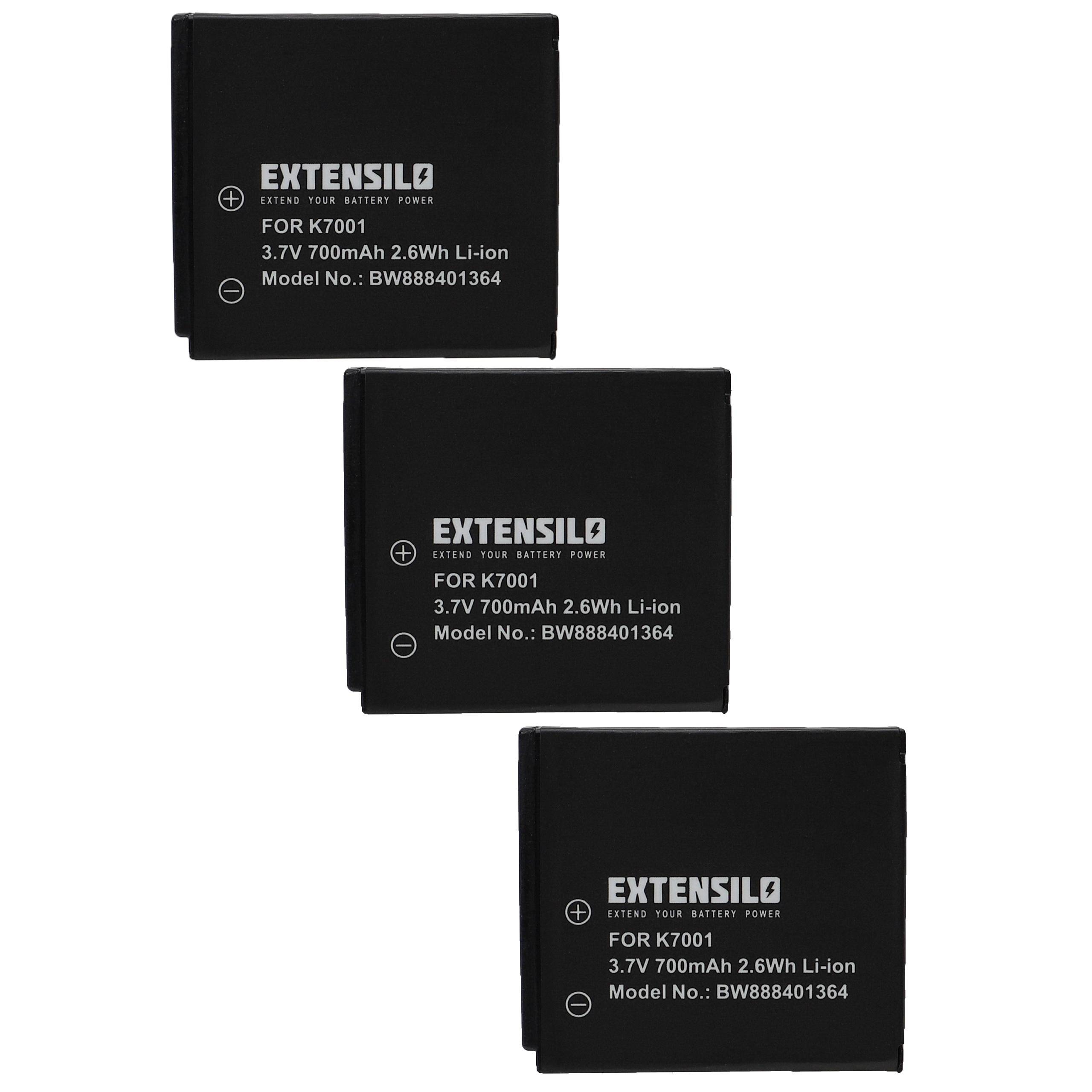 Drei schwarze Akkupacks mit der Bezeichnung „EXTENSILO FÜR K7001, 3,7V 700mAh 2,6Wh Li-Ion, Modellnummer: BW888401364