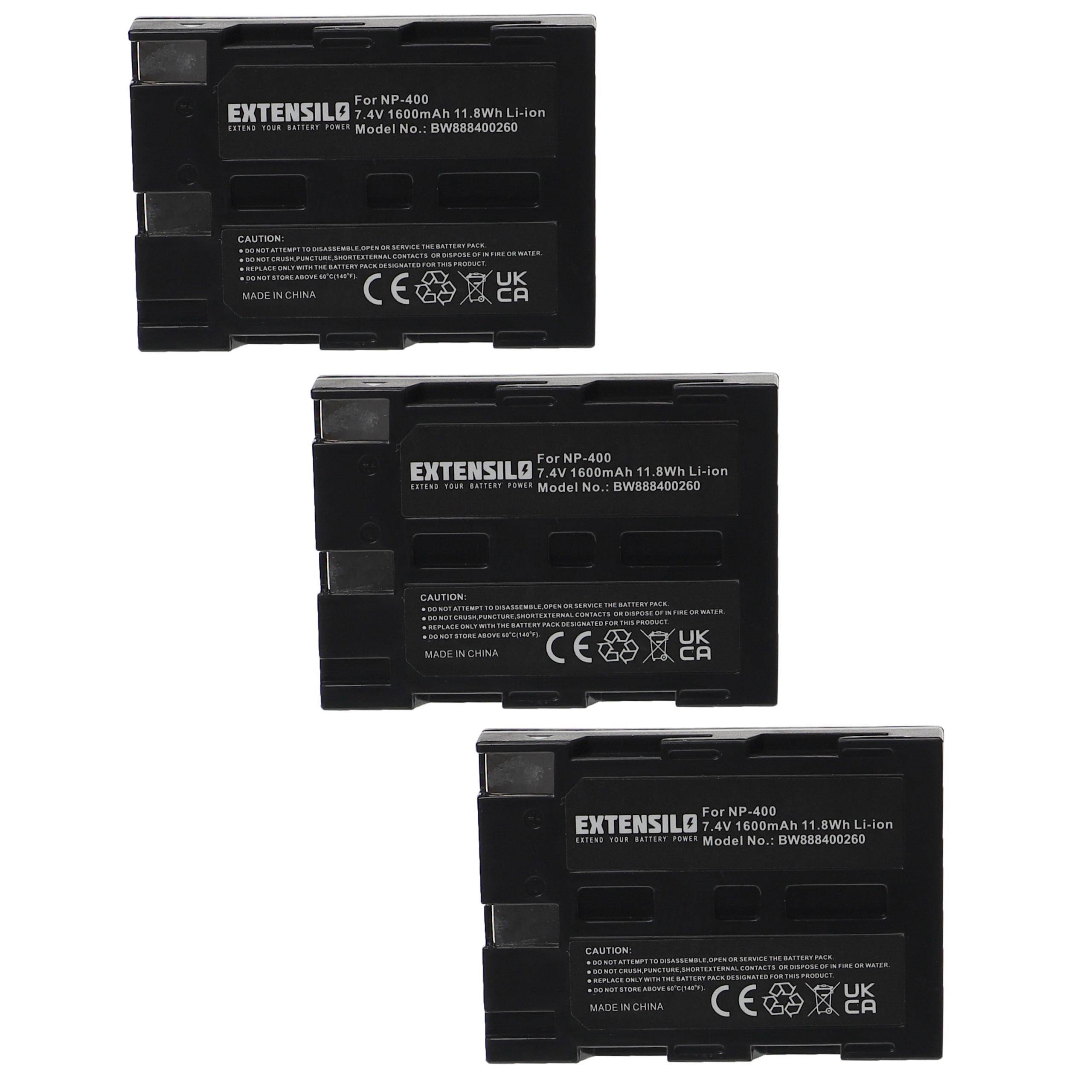 Drei Extensilo-Batterien für NP-400-Kameras, 7,4V, 1500mAh, 11,1Wh, in vertikaler Anordnung mit sichtbaren Produktspezifikationen.