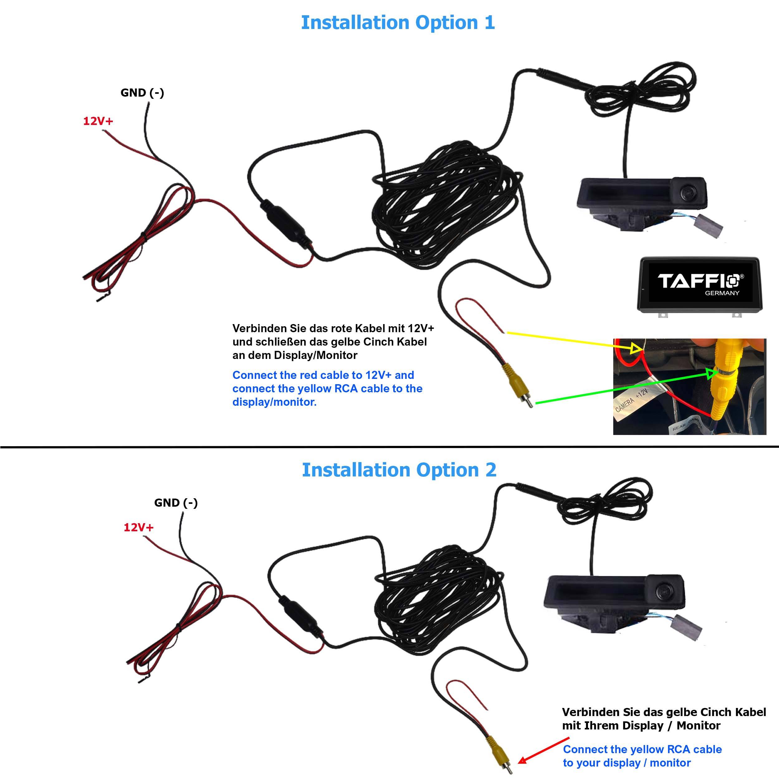 Installationsoptionen für den Kameraaanschluss: Option 1 zeigt den Anschluss eines roten Kabels an 12V+ und eines gelben RCA-Kabels an den Monitor. Option 2 zeigt ein ähnliches Setup mit der zusätzlichen Anweisung, das gelbe RCA-Kabel an den Monitor anzuschließen.