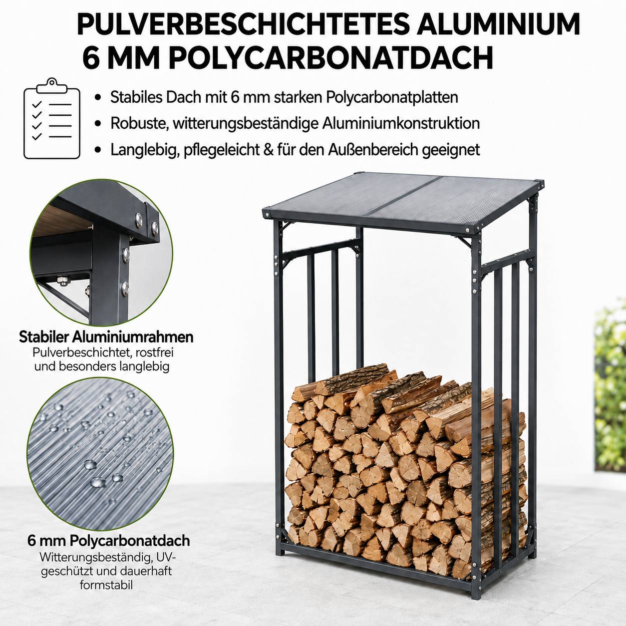 SCHMIDT security tools Kaminholzregal 130x70x185cm Aluminium Anthrazit Brennholzregal Holzstappelhilfe Holzunterstand 1,6 m³ Holz-Regal
