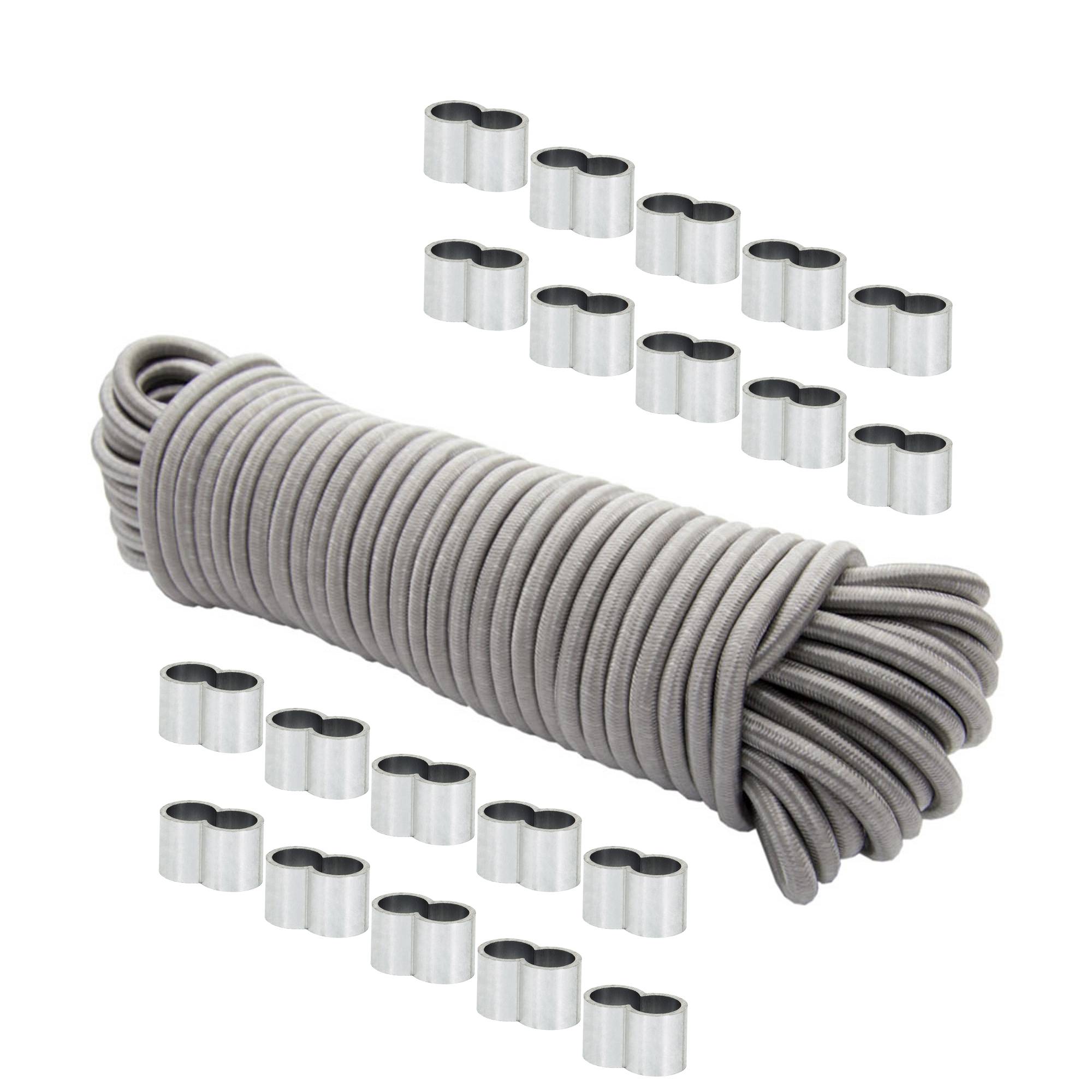 Dreamprint Expanderseil 6mm Grau 20m Seil Spannseil Planenseil Gummileine elastisches Gummiseil für Anhängerplane mit 20x Würgeklemmen