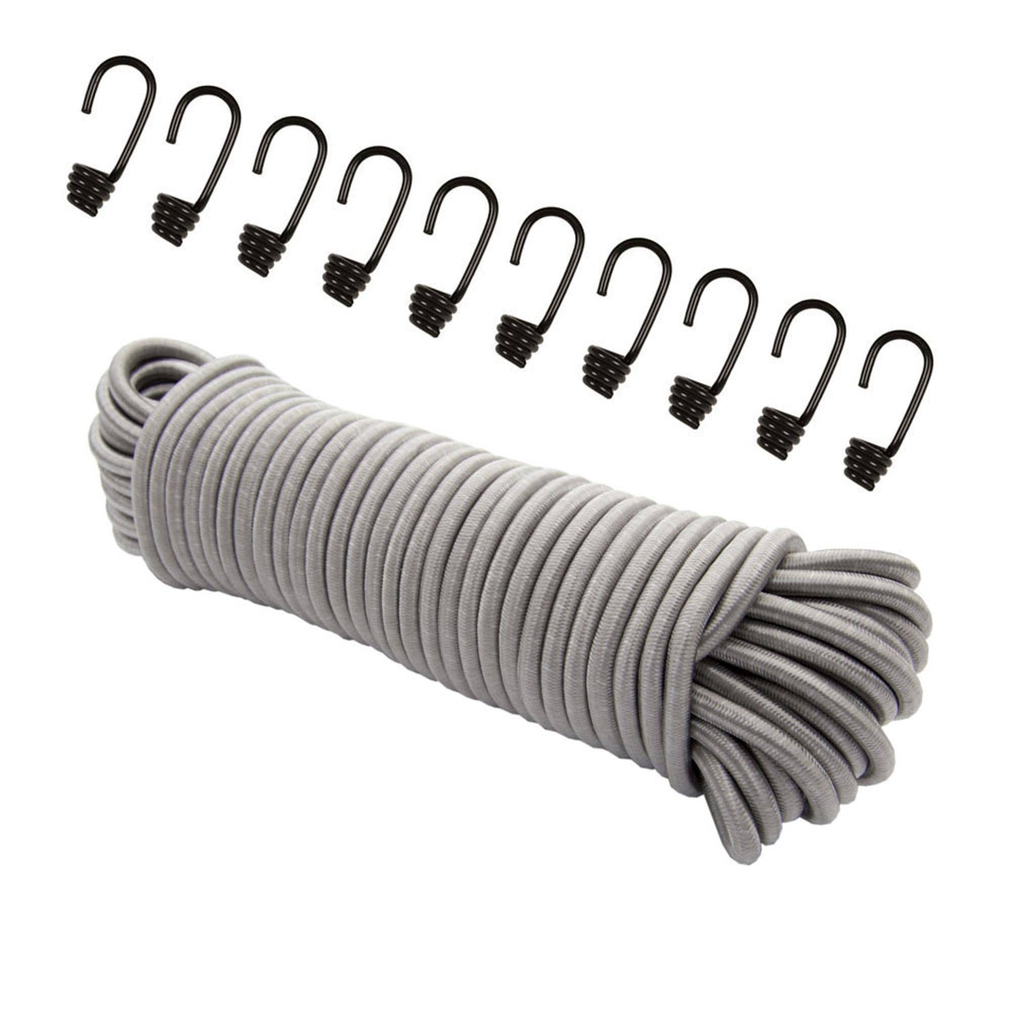 Dreamprint Expanderseil 10 m Grau 6 mm Gummiseil Gummischnur Spannseil Planenseil Gummileine elastisches Seil mit 10 Spiralhaken ø 6 mm