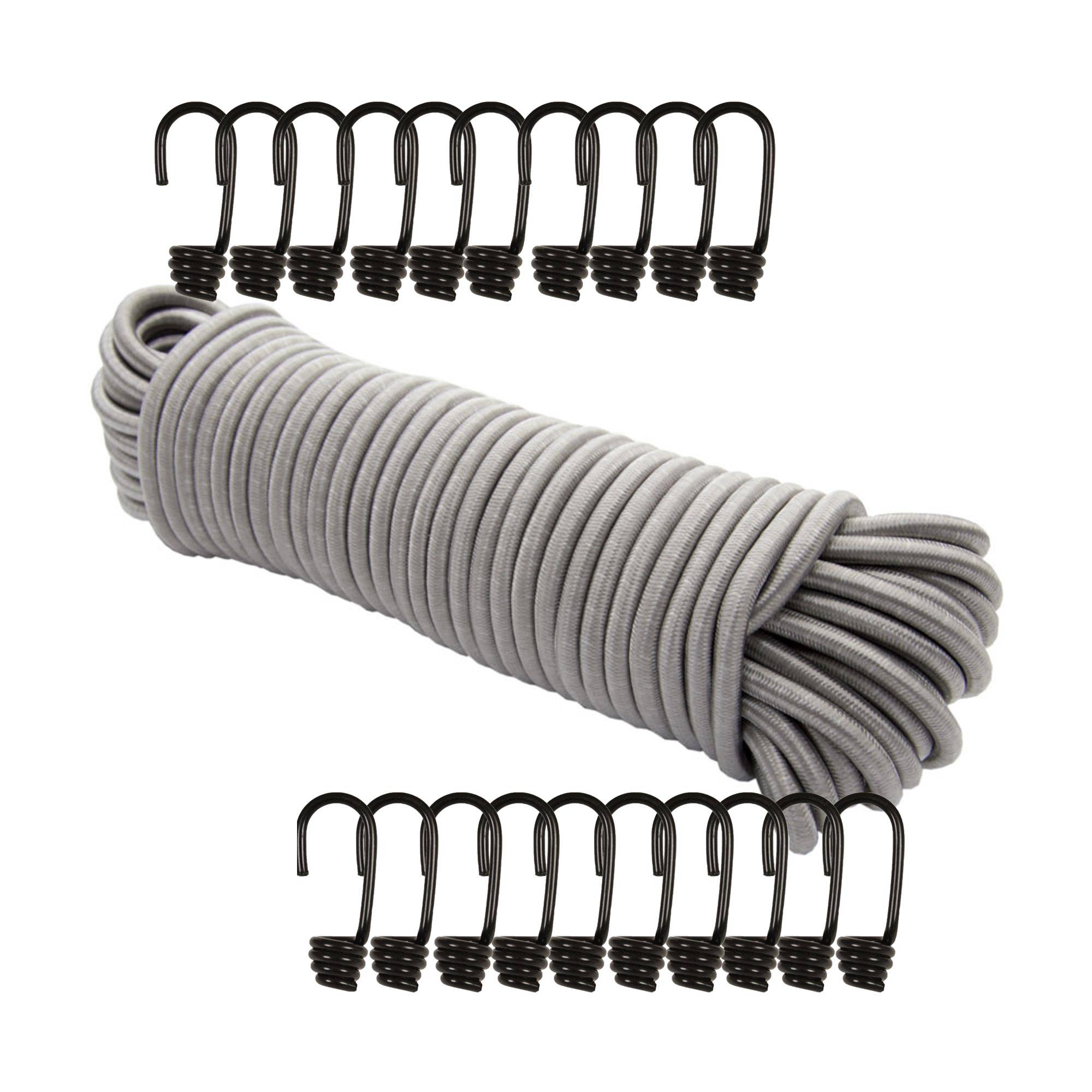 Dreamprint Expanderseil 30 m Grau 8 mm Gummiseil Gummischnur Spannseil Planenseil Gummileine elastisches Seil mit 20 Spiralhaken ø 8 mm