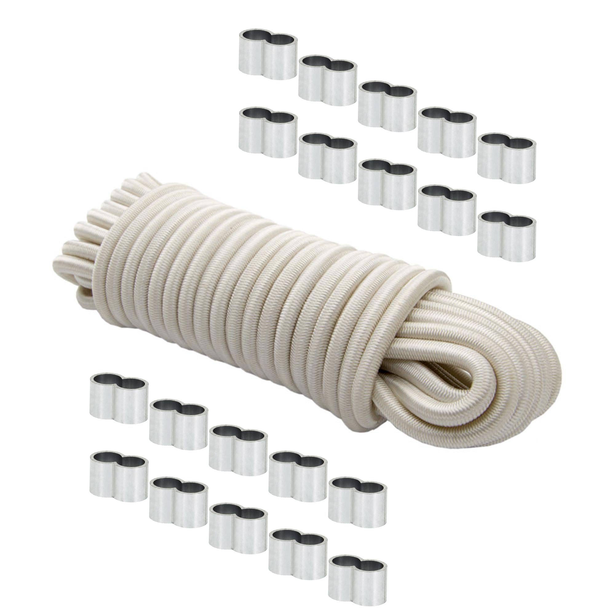 Dreamprint Expanderseil 8mm Weiß 20m Seil Spannseil Planenseil Gummileine elastisches Gummiseil für Anhängerplane mit 20x Würgeklemmen