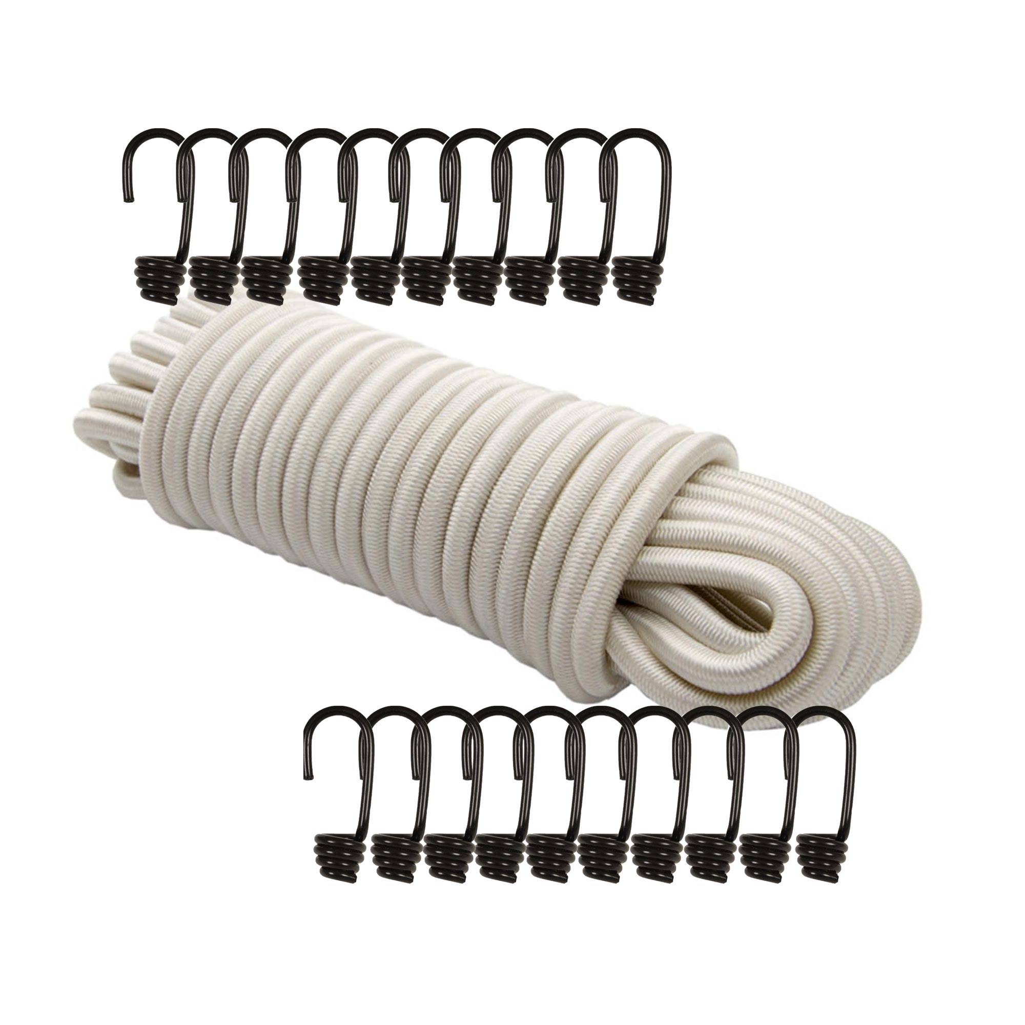 Dreamprint Expanderseil 8mm Weiß 20m Seil Spannseil Planenseil Gummileine elastisches Gummiseil für Anhängerplane mit 20 Spiralhaken ø 8 mm