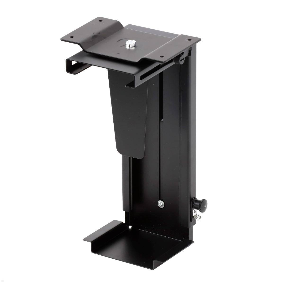 Ein schwarzer Metall-CPU-Halterhalter, verstellbar, mit Montageplatten und Befestigungsknöpfen, konzipiert für die Montage unter dem Schreibtisch.