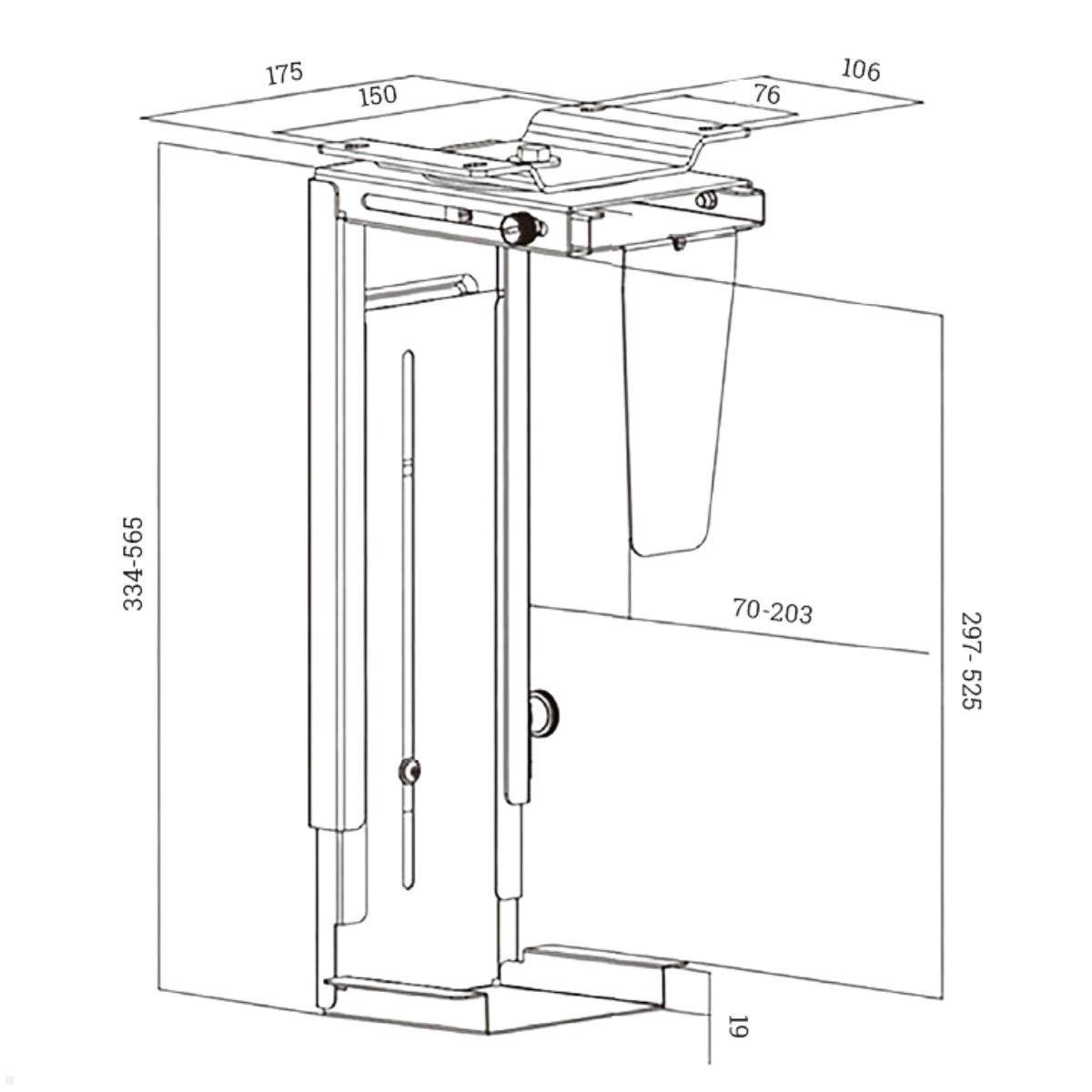Schublade und Auszug Konstruktionszeichnung mit Maßen in Zentimetern: 334-656 hoch, 175 breit, 297-525 tief; enthält Frontpanelgrößen.