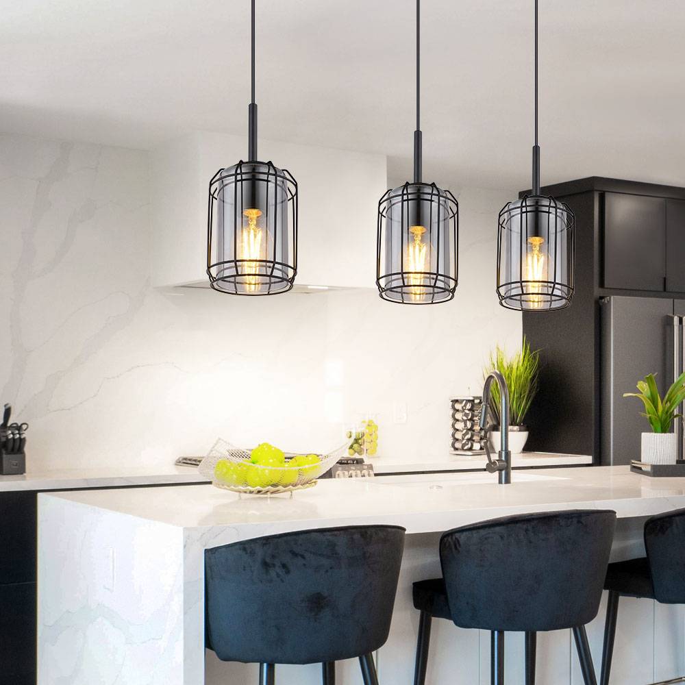 Hängeleuchte Esszimmer Pendelleuchte Esstischlampe 3 flammig Rauchglas, Metallgitter schwarz, 3x E27, LxH 77 x 120 cm
