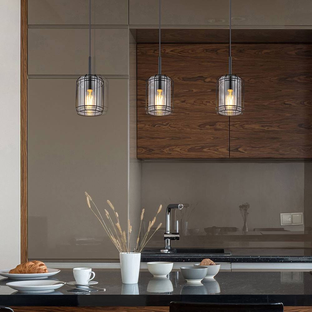 Hängeleuchte Esszimmer Pendelleuchte Esstischlampe 3 flammig Rauchglas, Metallgitter schwarz, 3x E27, LxH 77 x 120 cm