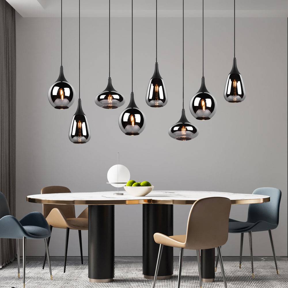 Pendelleuchte Glas 8 flammig Esstischlampe schwarz Hängeleuchte Esszimmer Glas chrom bedampft, unterschiedliche Lampenschirme, 8x E14, LxH 115x150