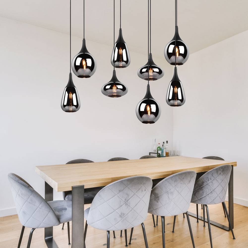 Pendelleuchte Glas 8 flammig Esstischlampe schwarz Hängeleuchte Esszimmer Glas chrom bedampft, unterschiedliche Lampenschirme, 8x E14, LxH 115x150