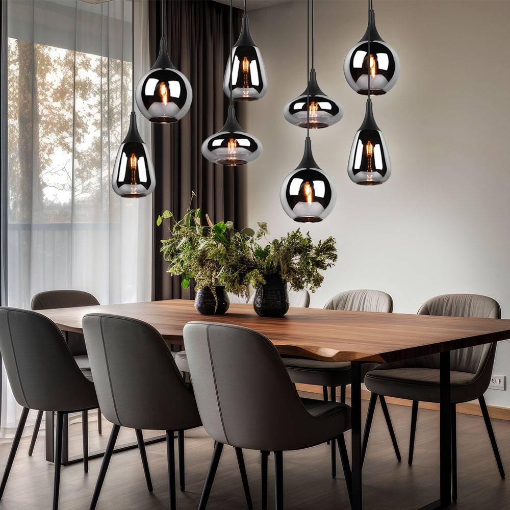 Pendelleuchte Glas 8 flammig Esstischlampe schwarz Hängeleuchte Esszimmer Glas chrom bedampft, unterschiedliche Lampenschirme, 8x E14, LxH 115x150