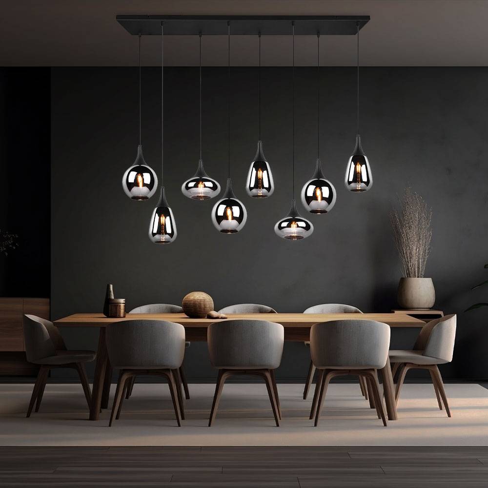 Pendelleuchte Glas 8 flammig Esstischlampe schwarz Hängeleuchte Esszimmer Glas chrom bedampft, unterschiedliche Lampenschirme, 8x E14, LxH 115x150