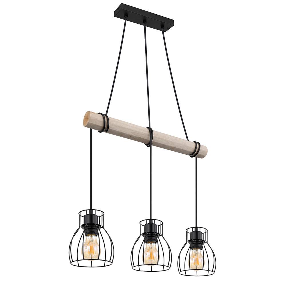 Pendelleuchte Vintage Hängelampe Holz Esstischlampe Retro Hängeleuchte mit Holzbalken, Metall schwarz, 3 x E27 Fassung, LxBxH 50x14x140 cm