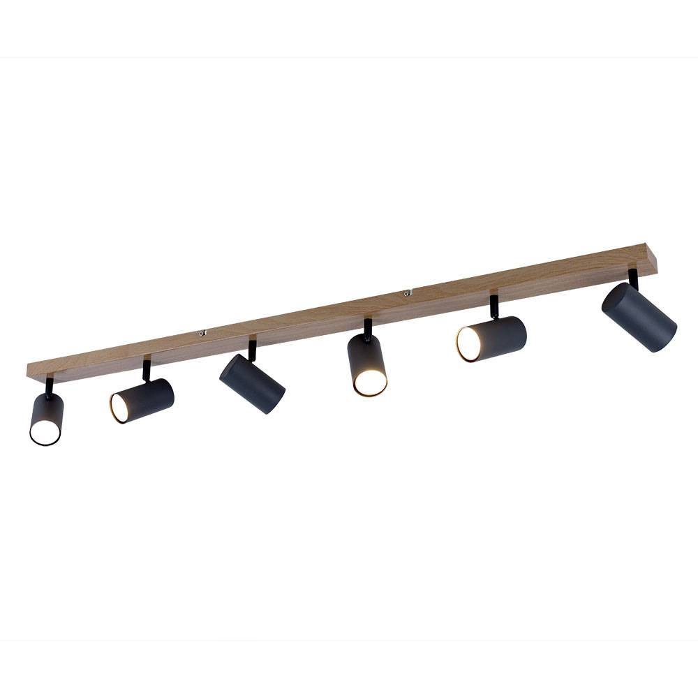 Deckenlampe Holz Strahler Holz Lampen 6 Flammig, Spots beweglich Landhausstil, Metall graphit braun, 6x GU10 Fassungen, LxBxH 115x6x12cm