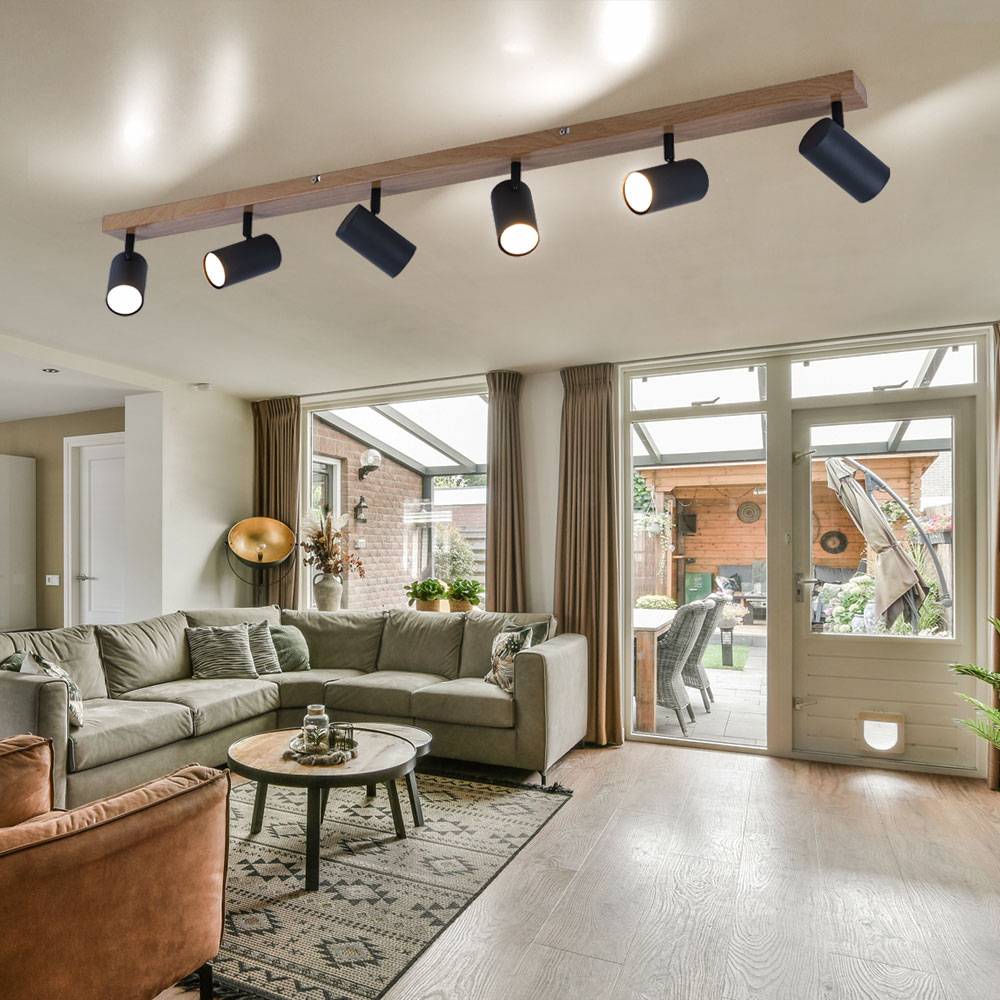 Deckenlampe Holz Strahler Holz Lampen 6 Flammig, Spots beweglich Landhausstil, Metall graphit braun, 6x GU10 Fassungen, LxBxH 115x6x12cm