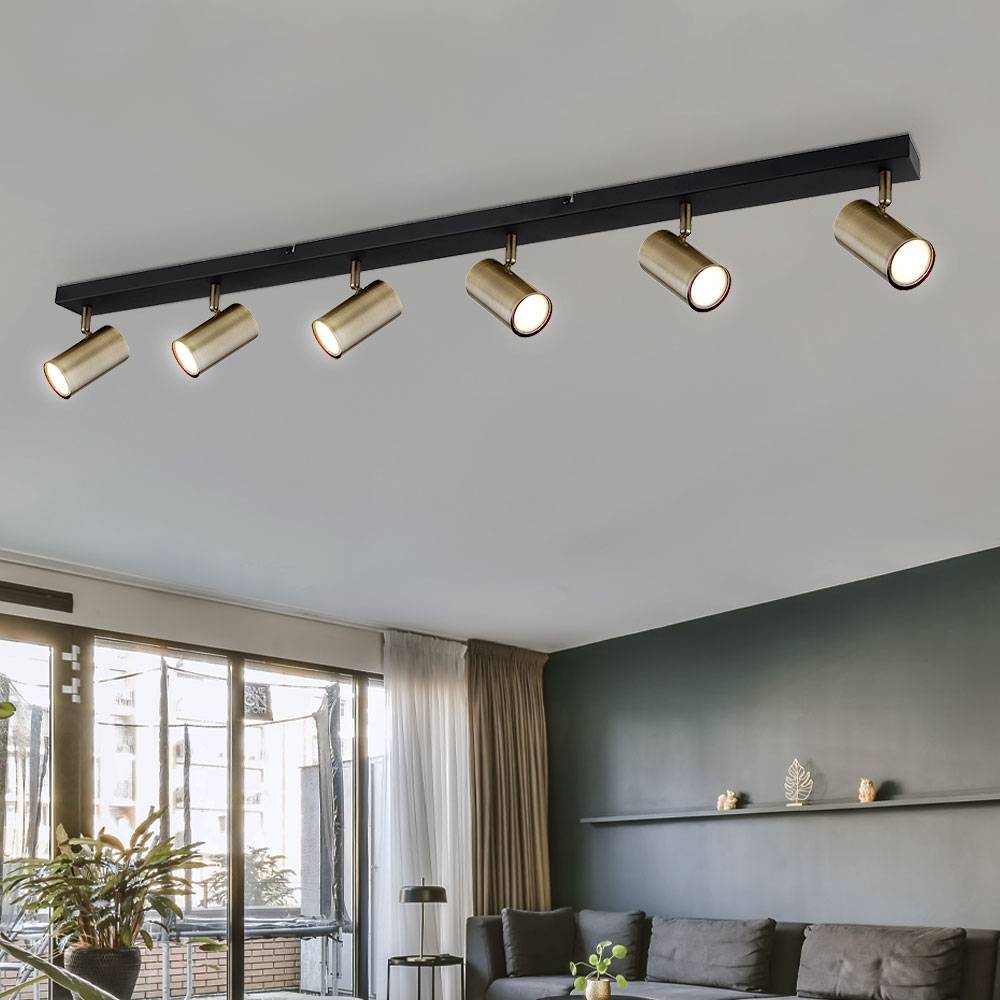 Deckenleuchte Spotleiste Deckenstrahler 6-flammig Wohnzimmerleuchte mit verstellbaren Spots, Metall schwarz messing, 6x GU10, LxBxH 115x6x12 cm