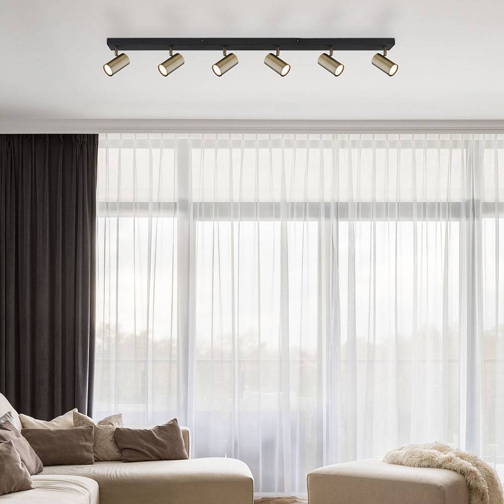 Deckenleuchte Spotleiste Deckenstrahler 6-flammig Wohnzimmerleuchte mit verstellbaren Spots, Metall schwarz messing, 6x GU10, LxBxH 115x6x12 cm
